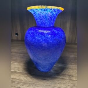 Hand Blown Glass Vase Vibrant Blue White Speckled Yellow Brim Art Glass